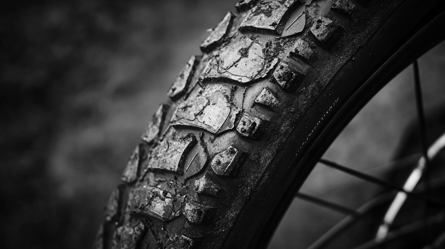 Close up of an black and white photo of a hard bike tire